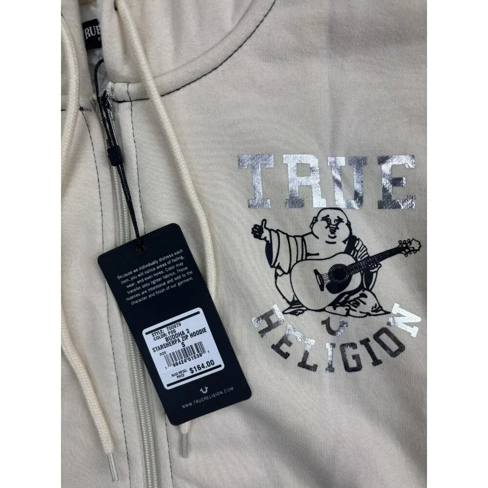 True Religion Hoodie Mens Small Beige‎ Full Zip Sherpa Fleece Buddha Graphic